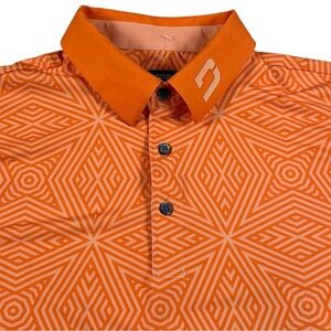 Druids Golf Polo Shirt Performance Lightweight Geometric AOP Orange Mens Large